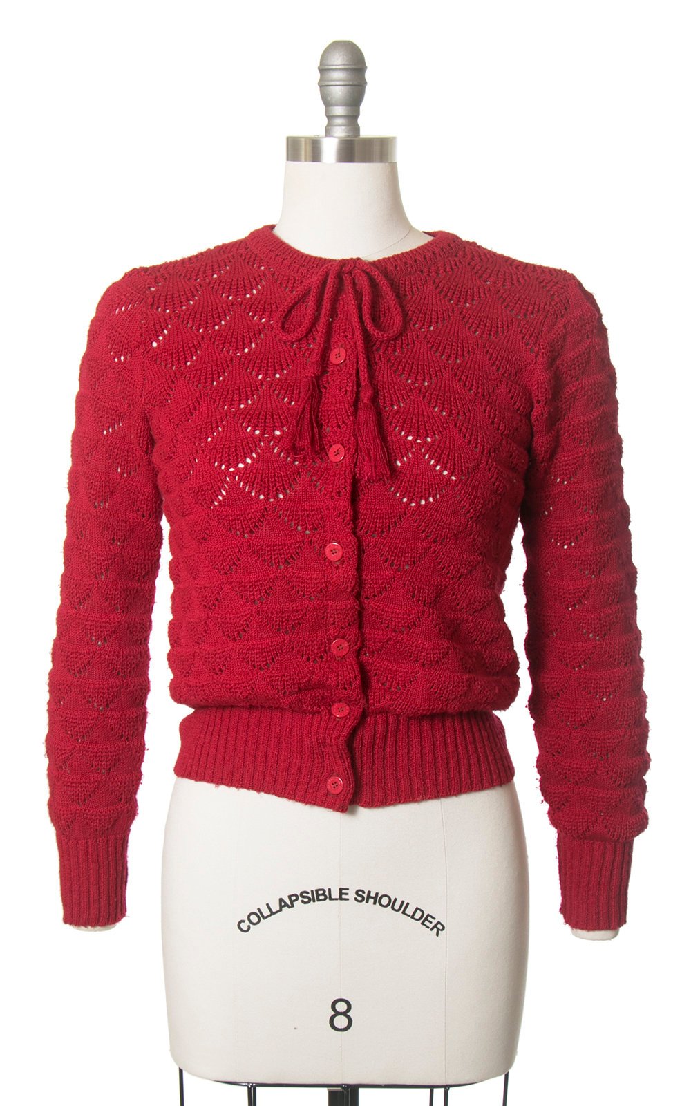 Vintage 1980s Cardigan | 80s PIERRE CARDIN Red Open Knit Tassel Bow Ties Sweater Top (small/medium)