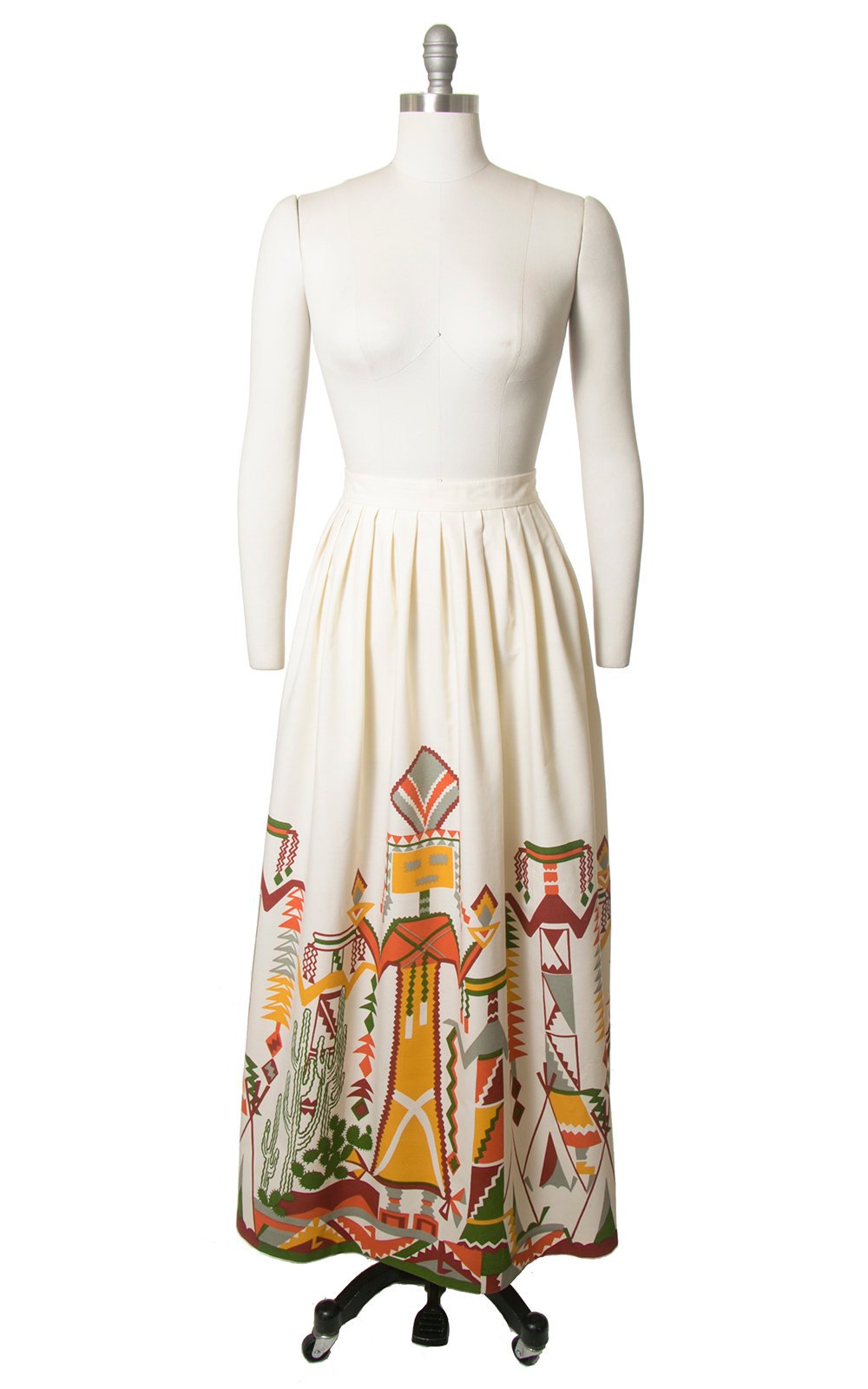Vintage 1970s Skirt | 70s Southwestern Folk Novelty Print Border Print Cotton Full Maxi Skirt (small)