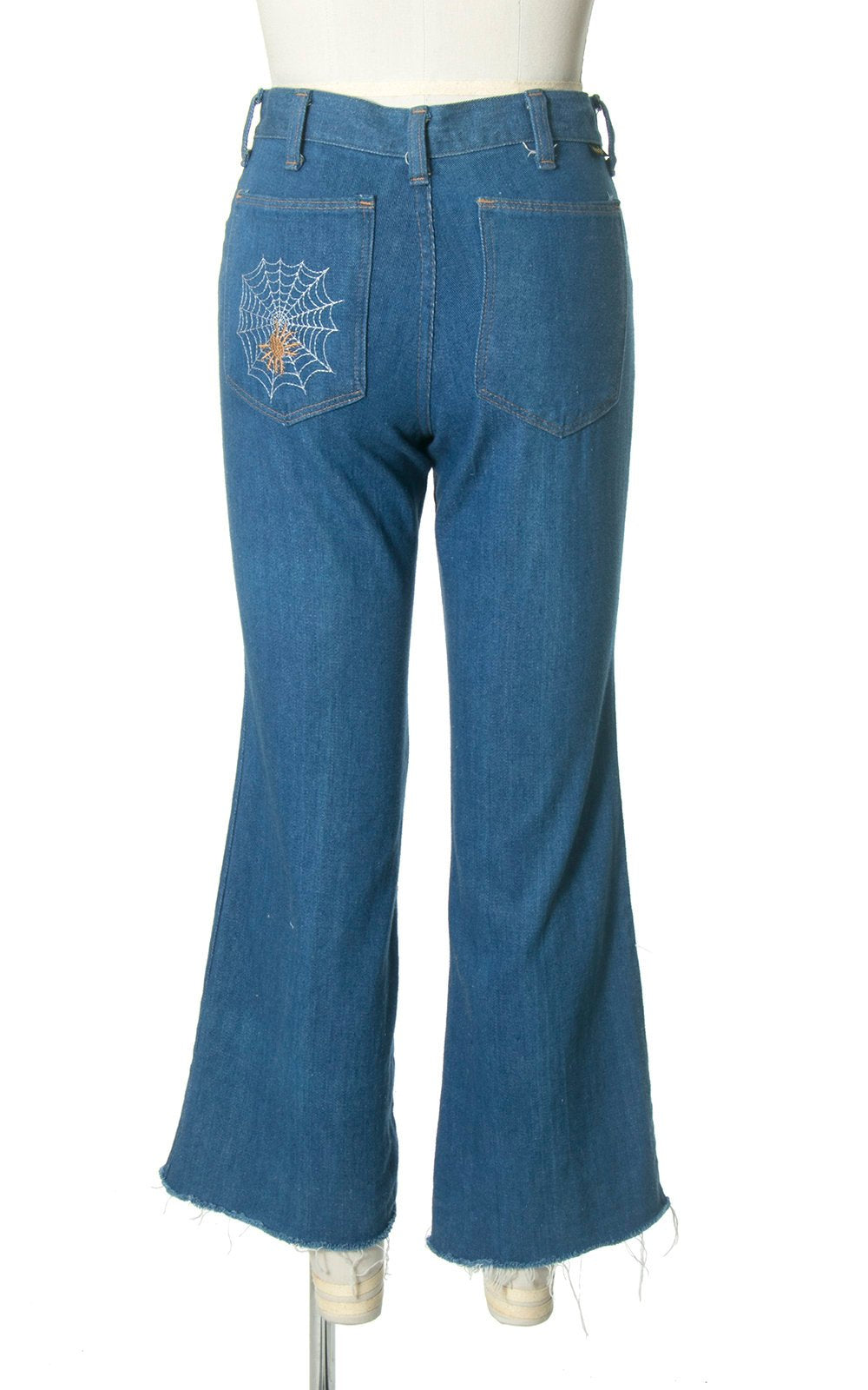 Vintage 1970s Bell Bottom Jeans | 70s WRANGLER Spiderweb Spider Embroidered Medium Blue Denim Mid Rise Pants (x-small/small)