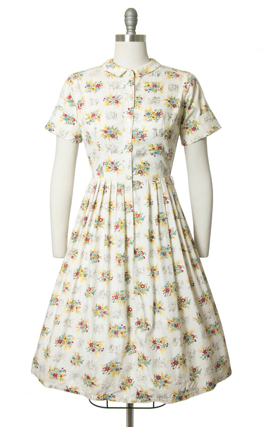 Vintage 1950s Dress | 50s Floral Animal Novelty Print Cotton Shirt Dress Cream Full Skirt Shirtwaist Day Dress (small)