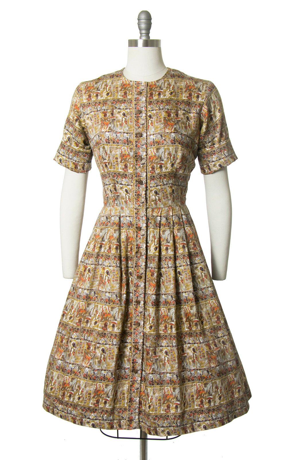 Vintage 1950s Dress | 50s Egyptian Novelty Print Cotton Shirt Dress Full Skirt Shirtwaist Day Dress (medium)