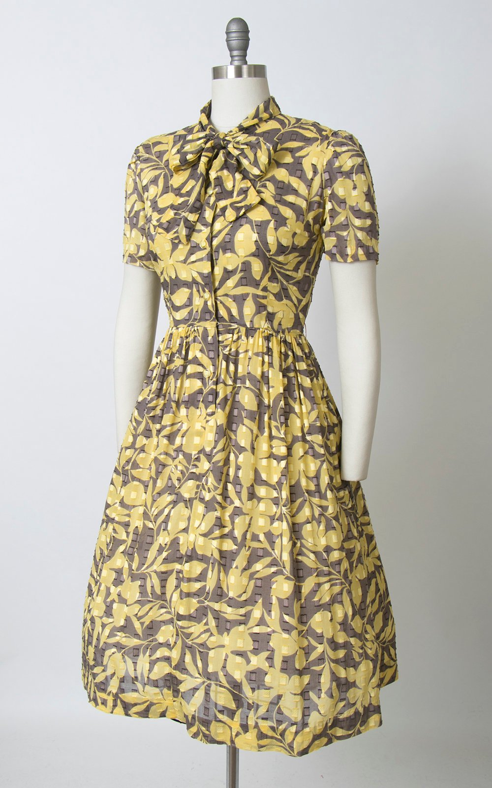 Vintage 1960s Dress | 60s Floral Cotton Secretary Shirt Dress Chartreuse Pussy Bow Shirtwaist Day Dress (medium)
