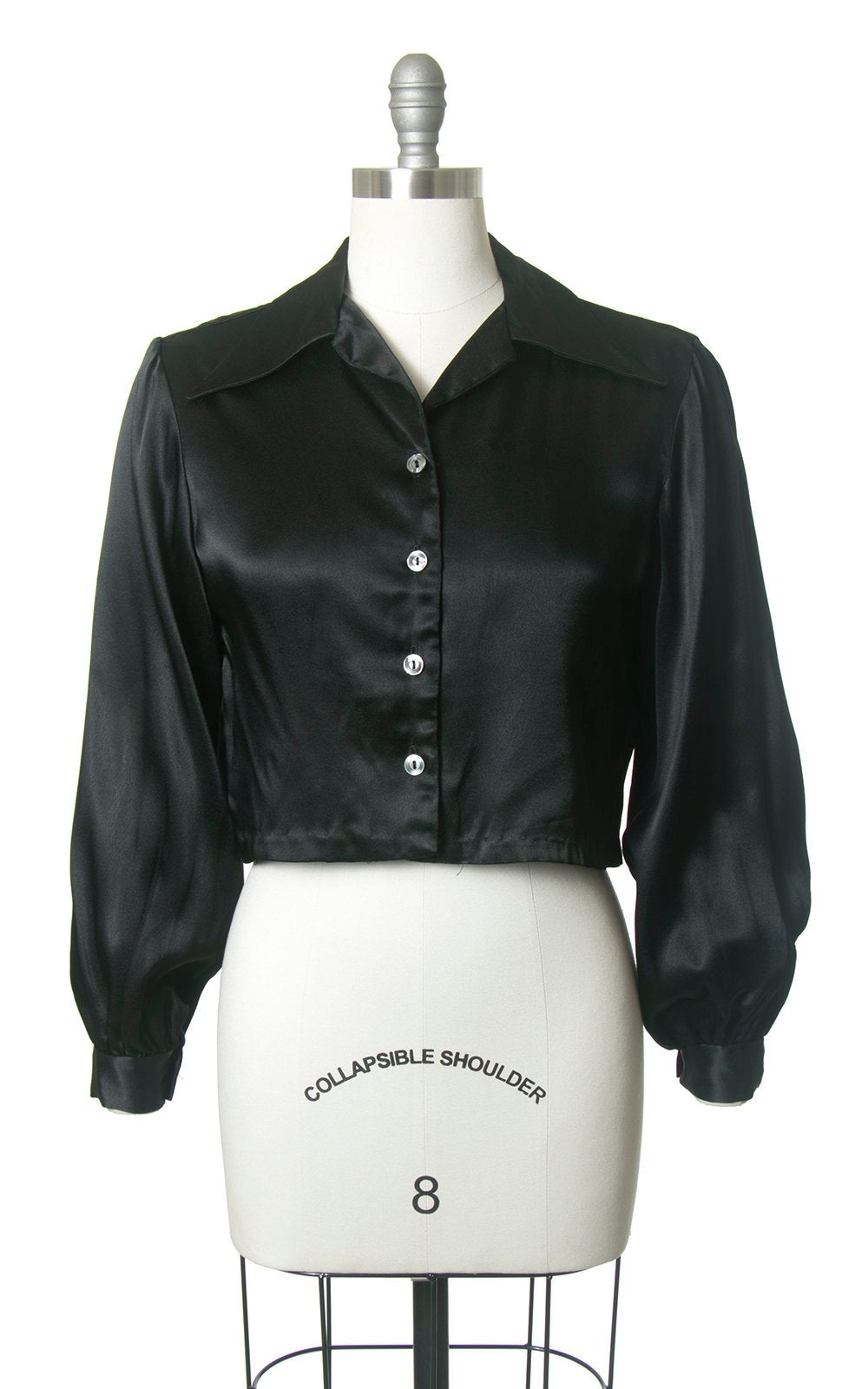 Vintage 1960s 1970s Blouse | 60s 70s does 1940s Black Satin Cropped Bishop Sleeve Art Deco Disco Crop Top (medium)