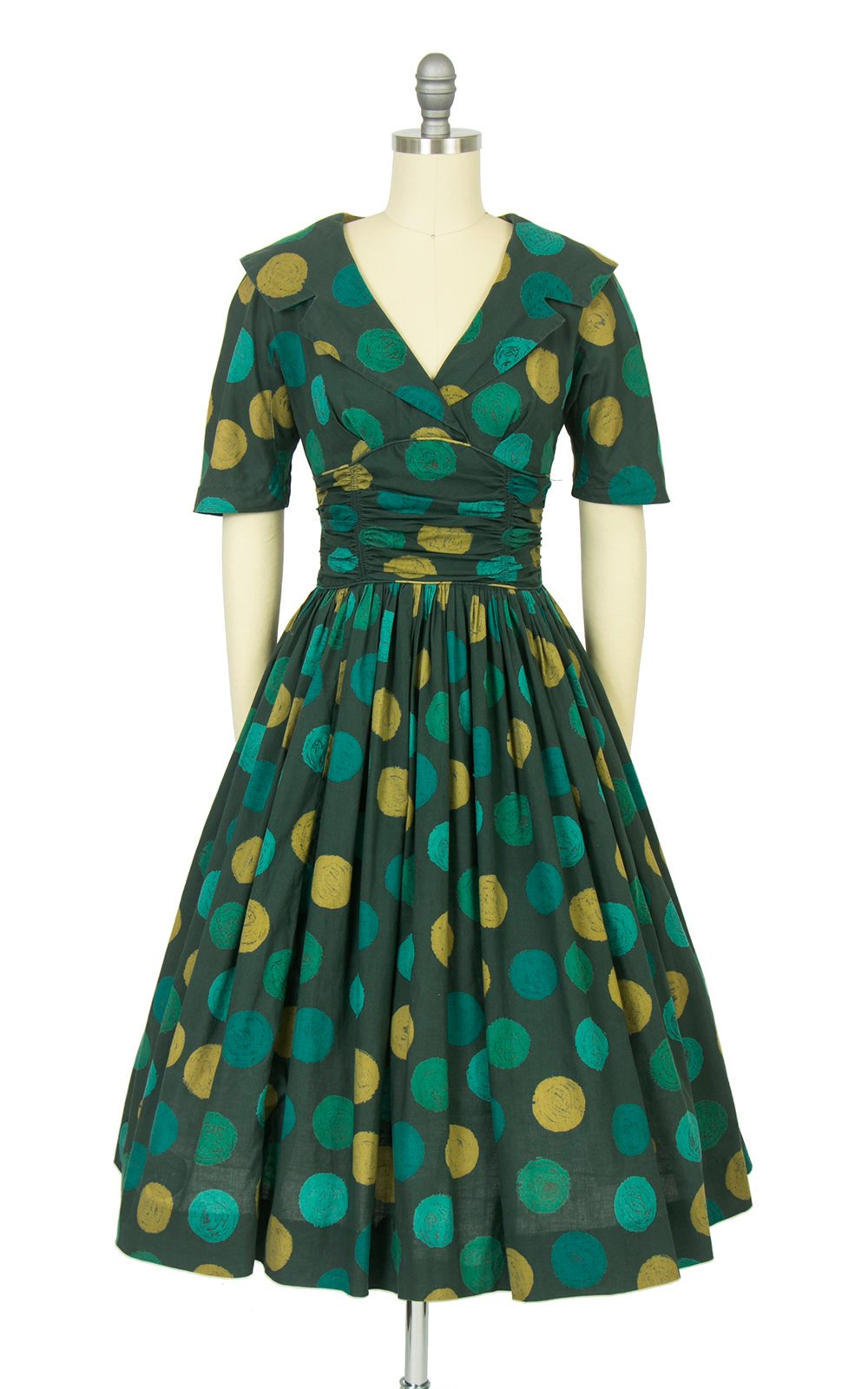 Vintage 1950s Dress | 50s CANDI JONES Polka Dot Green Cotton Shawl Collar Full Skirt Day Dress (x-small/small)