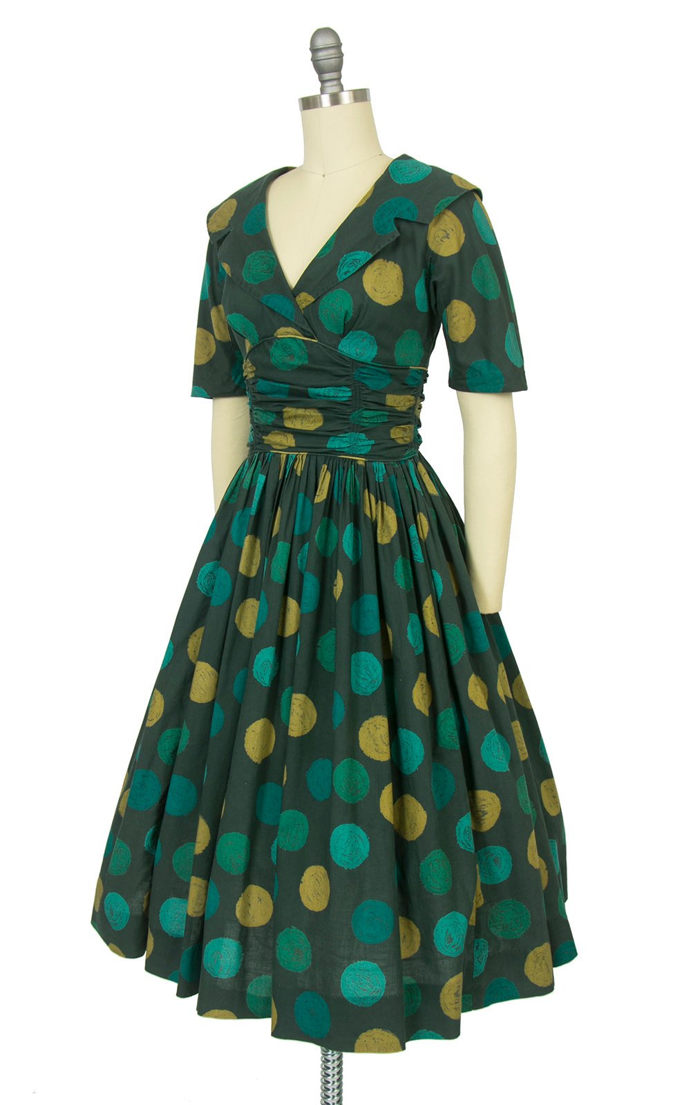 Vintage 1950s Dress | 50s CANDI JONES Polka Dot Green Cotton Shawl Collar Full Skirt Day Dress (x-small/small)