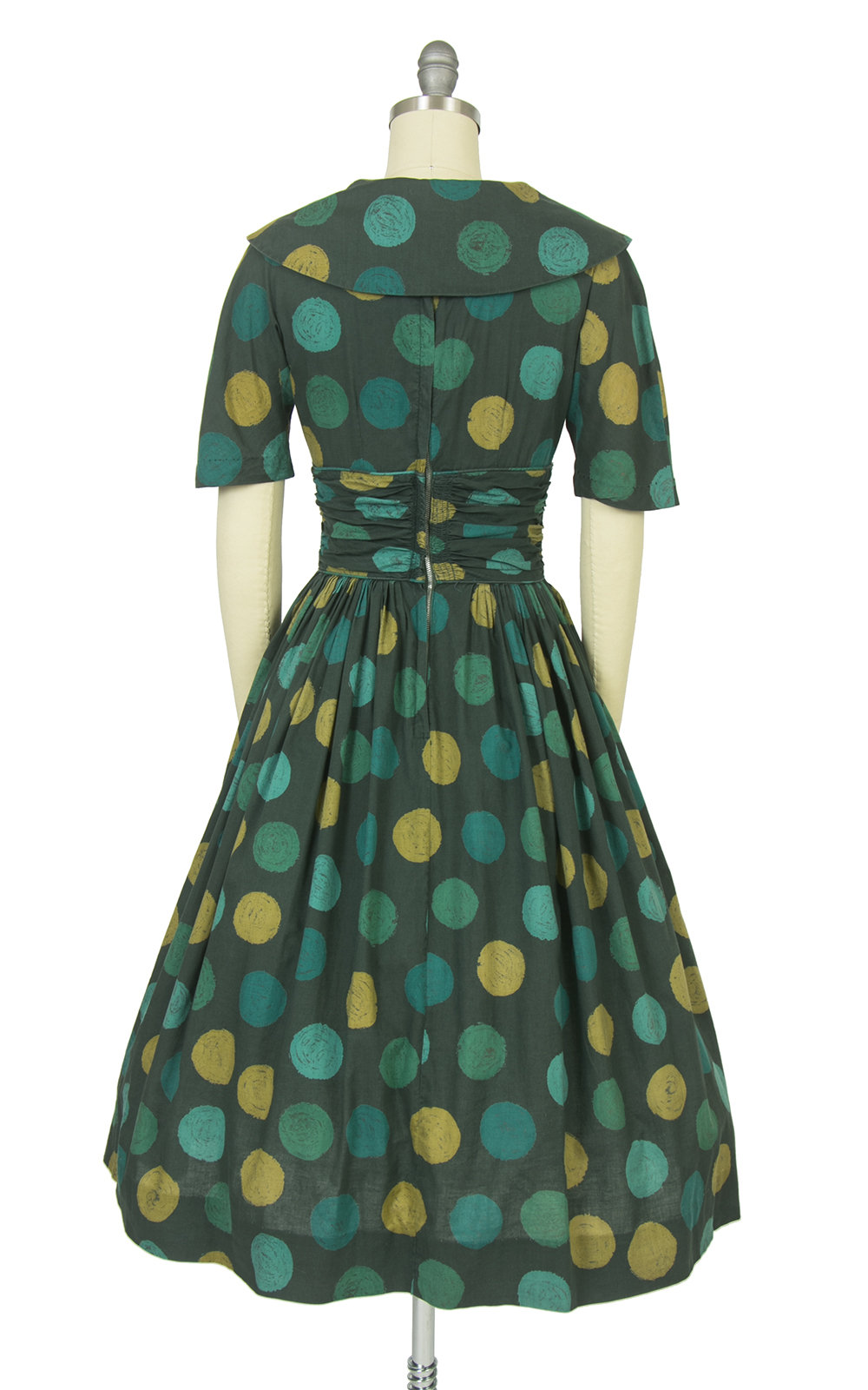 Vintage 1950s Dress | 50s CANDI JONES Polka Dot Green Cotton Shawl Collar Full Skirt Day Dress (x-small/small)
