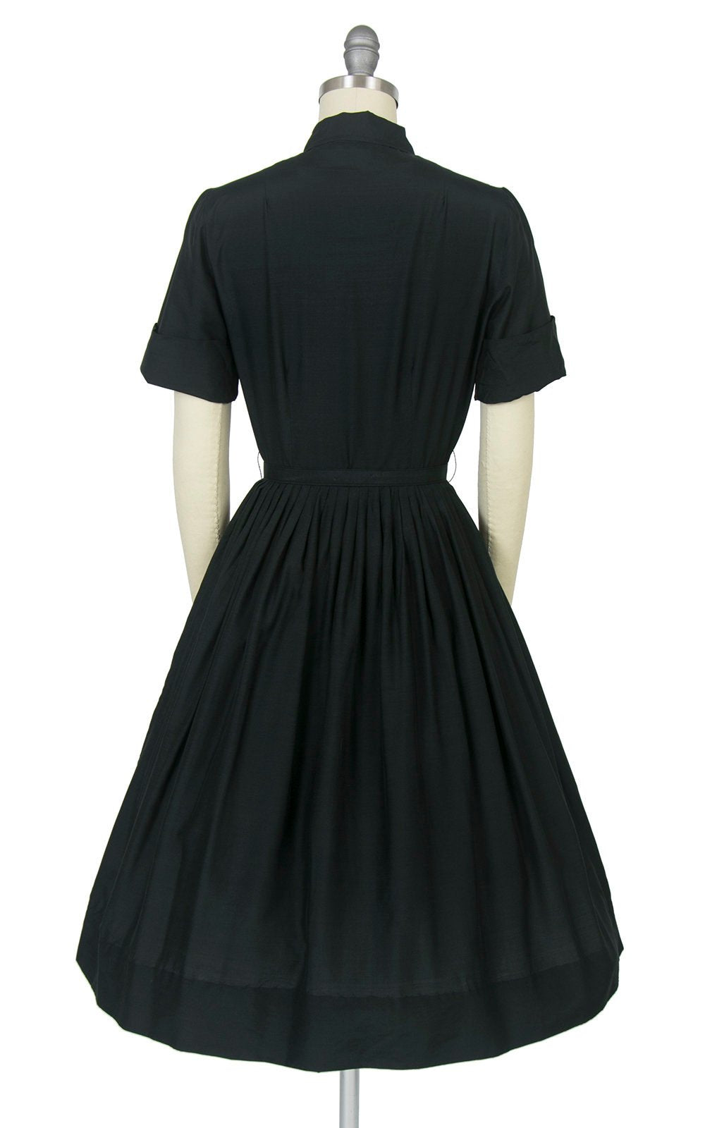 Vintage 1950s Dress | 50s Black Silk Shirt Dress Full Skirt Shirtwaist Day Dress (x-small)