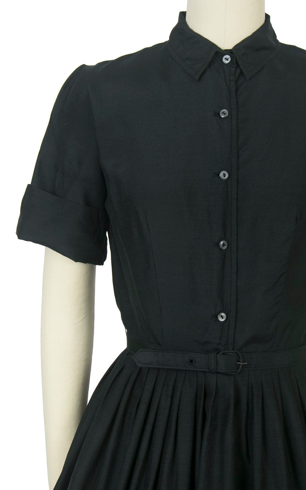 Vintage 1950s Dress | 50s Black Silk Shirt Dress Full Skirt Shirtwaist Day Dress (x-small)