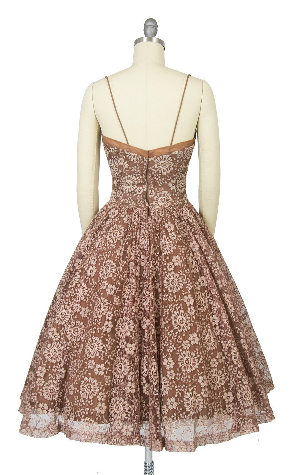 Vintage 1950s Dress | 50s LILLI DIAMOND Lace Light Brown Sweetheart Neckline Sleeveless Full Skirt Party Dress (small)