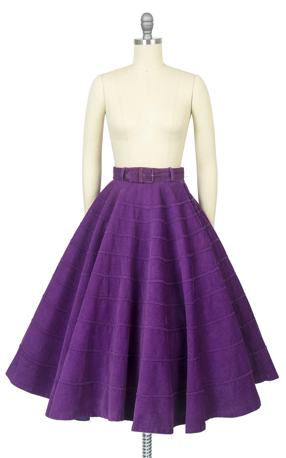 Vintage 1950s Circle Skirt | 50s Royal Purple Cotton Corduroy Belted Swing Skirt (x-small)