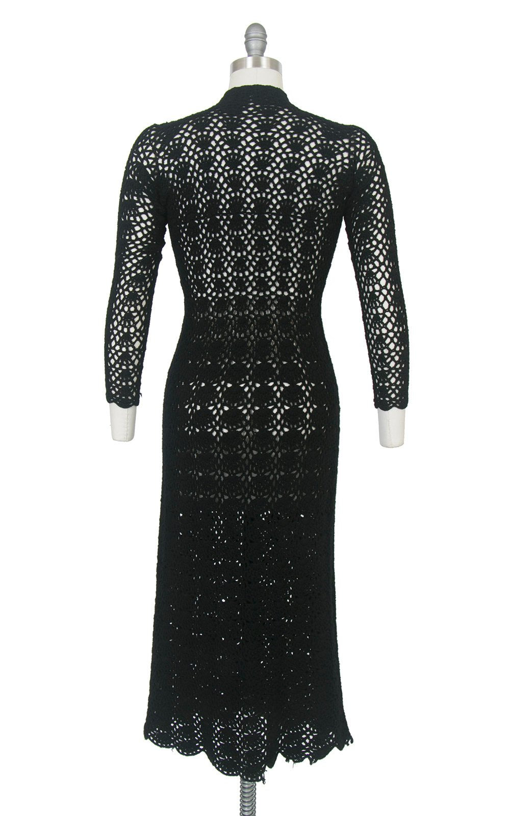 Vintage 1970s Sweater Dress | 70s Black Crochet See Through Sheer Long Sleeve Witchy Boho Midi Dress (small)