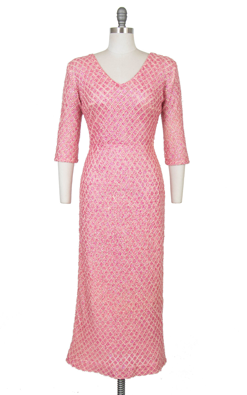 Vintage 1960s Sweater Dress | 60s Pink Iridescent Sequin Beaded Knit Wool Full Length Formal Evening Party Gown (medium/large)