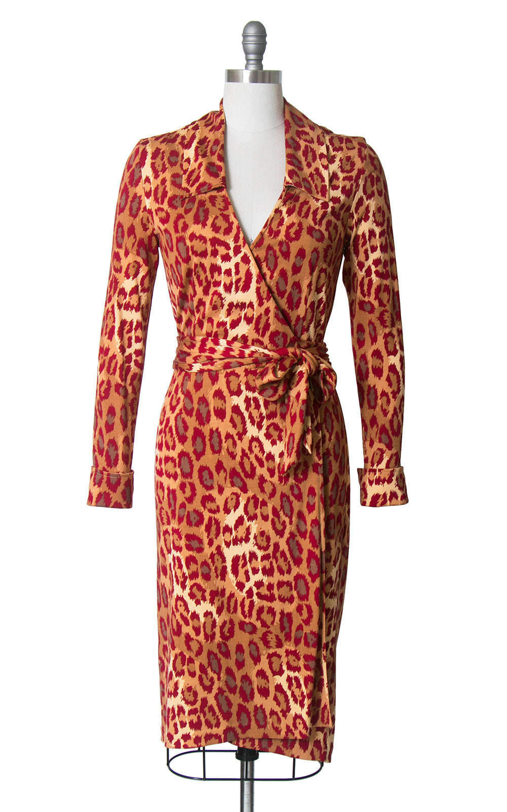 Vintage 1990s Dress | 90s DIANE VON FURSTENBERG Leopard Print Silk Jersey Knit Red Animal Print Wrap Dress (small/medium)