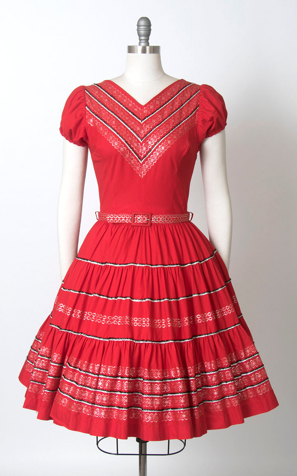Vintage 1970s Dress | 70s does 1950s Fiesta Patio Dress Red Cotton Southwestern Square Dance Swing Day Dress (small/medium)