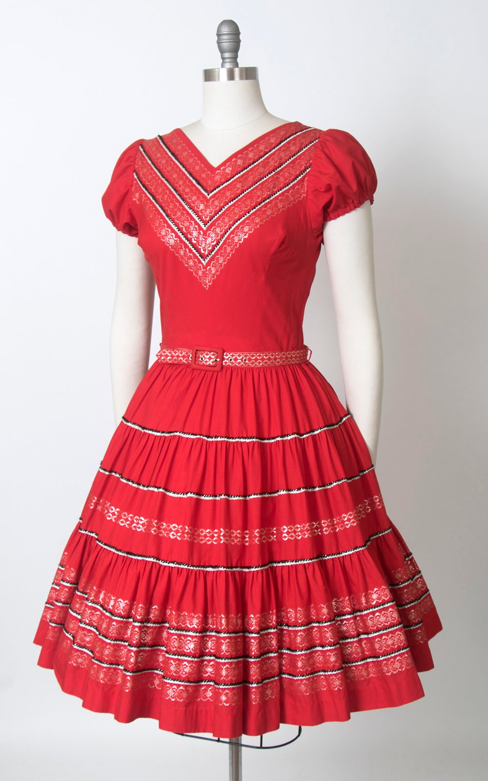 Vintage 1970s Dress | 70s does 1950s Fiesta Patio Dress Red Cotton Southwestern Square Dance Swing Day Dress (small/medium)