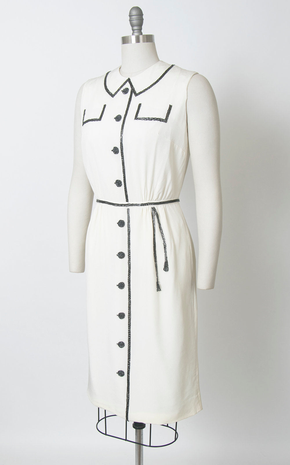 Vintage 1960s Dress | 60s Trompe L&#39;Oeil Beaded Rayon Crepe White Faux Shirtwaist Sheath Cocktail Party Dress (medium)