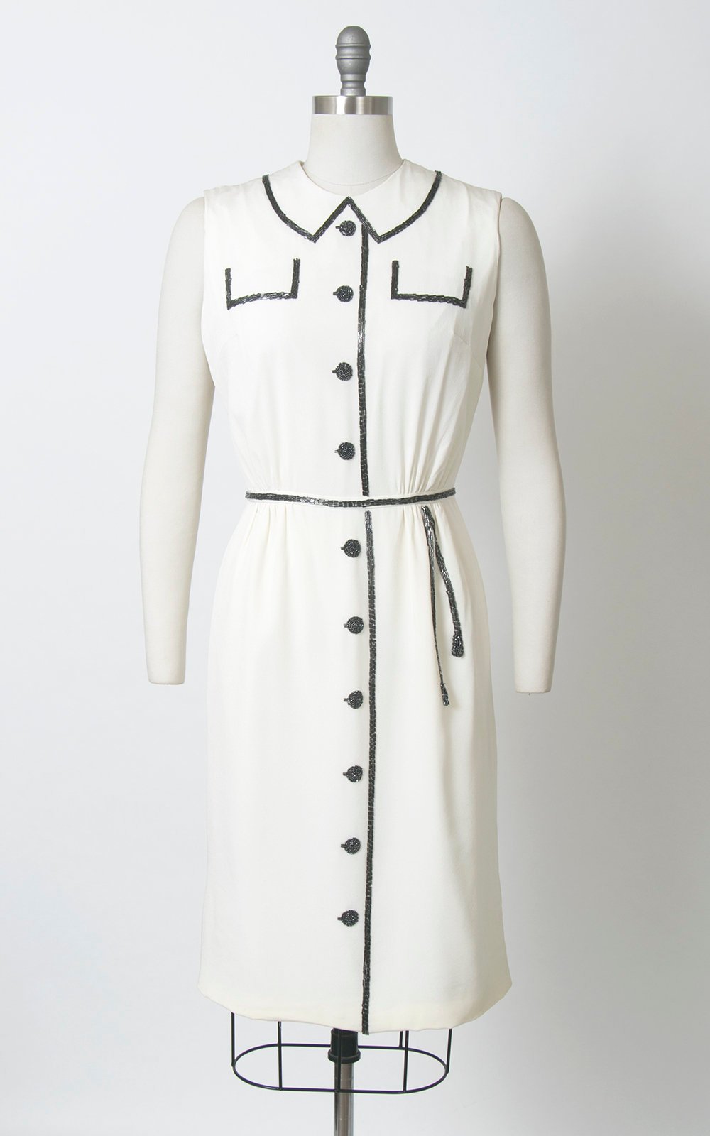 Vintage 1960s Dress | 60s Trompe L&#39;Oeil Beaded Rayon Crepe White Faux Shirtwaist Sheath Cocktail Party Dress (medium)