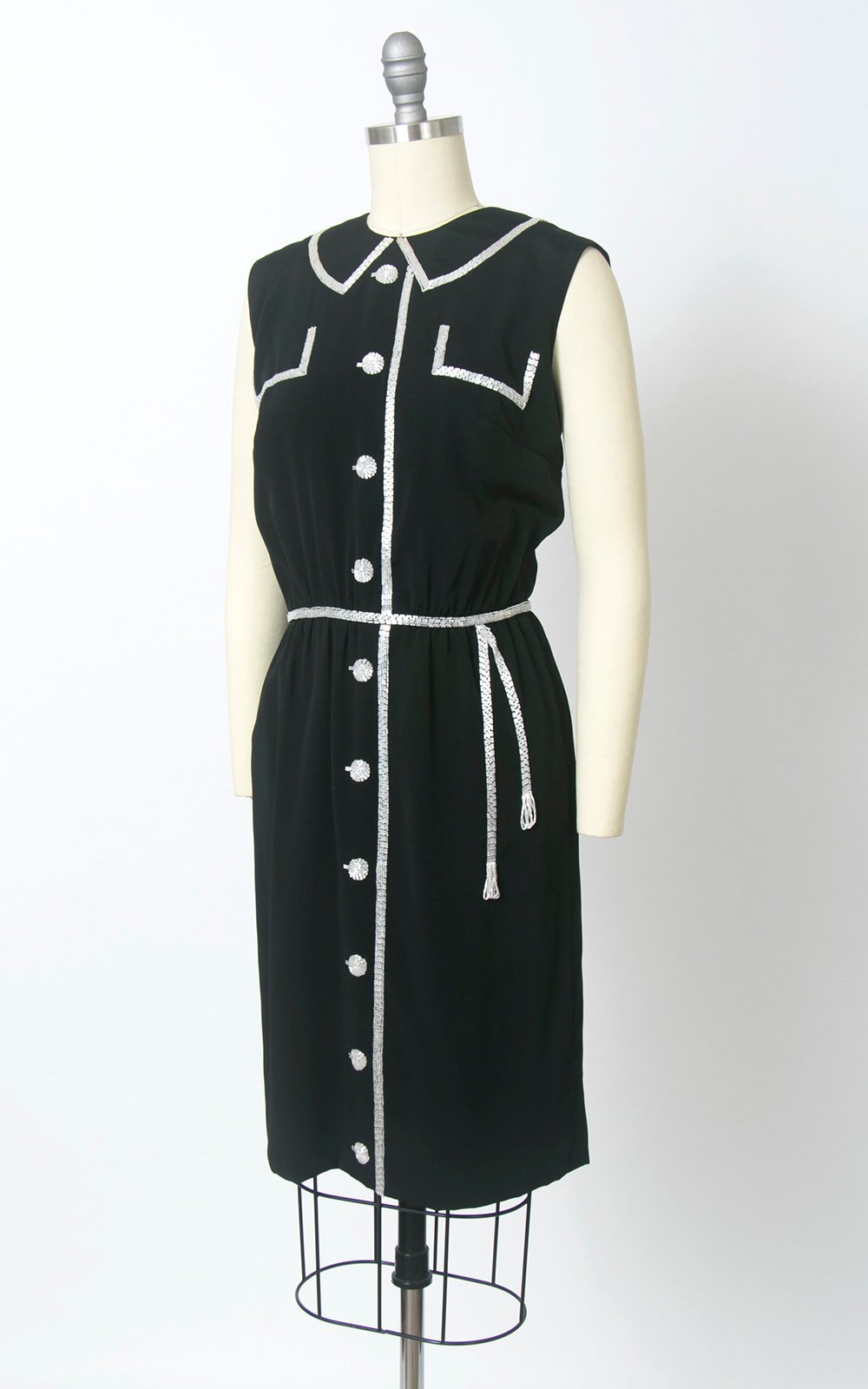 Vintage 1960s Dress | 60s Trompe L&#39;Oeil Beaded Rayon Crepe Black Faux Shirtwaist Sheath Cocktail Party Dress (small)