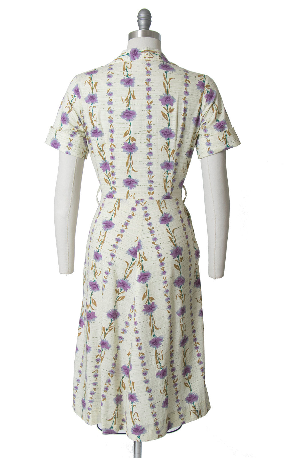 Vintage 1940s Dress | 40s Carnation Floral Print Cotton Shirt Dress Cream Purple Striped Shirtwaist Day Dress (medium)