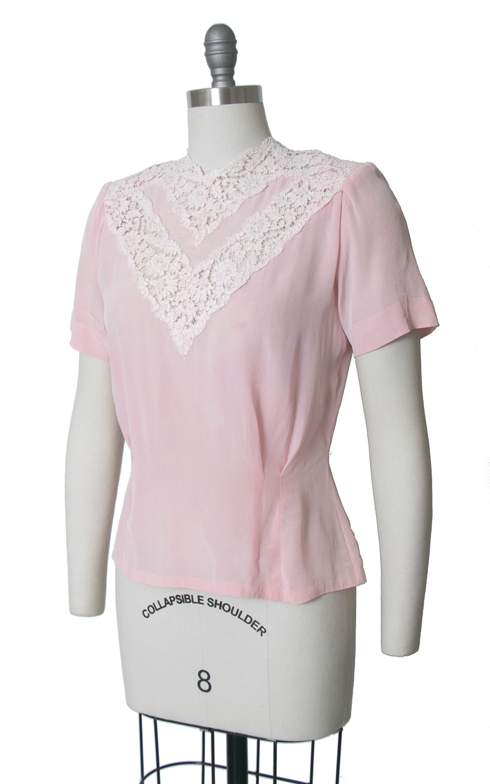 Vintage 1940s Blouse | 40s Rayon Lace Light Pink Button Back Short Sleeve Top (medium)