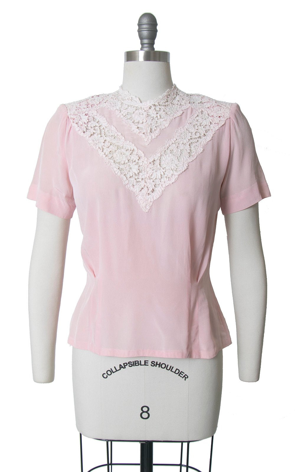 Vintage 1940s Blouse | 40s Rayon Lace Light Pink Button Back Short Sleeve Top (medium)