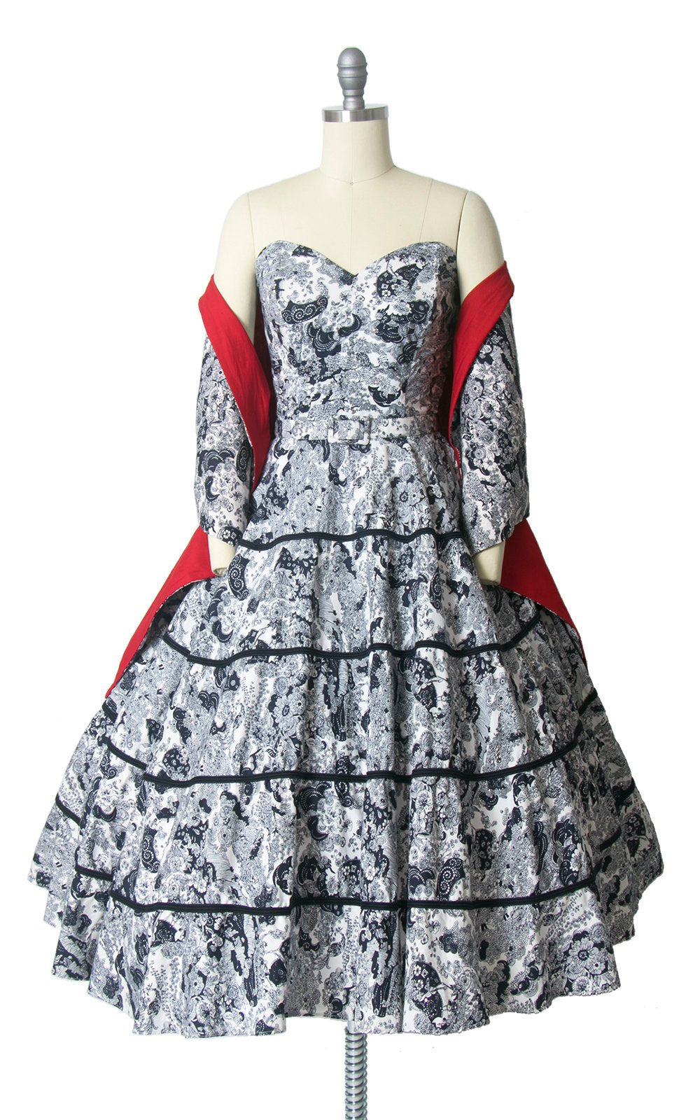 Vintage 1950s Dress Wrap Set | 50s Asian Novelty Print Cotton Rhinestones Navy Blue Red Strapless Sweetheart Circle Skirt Sundress (small)