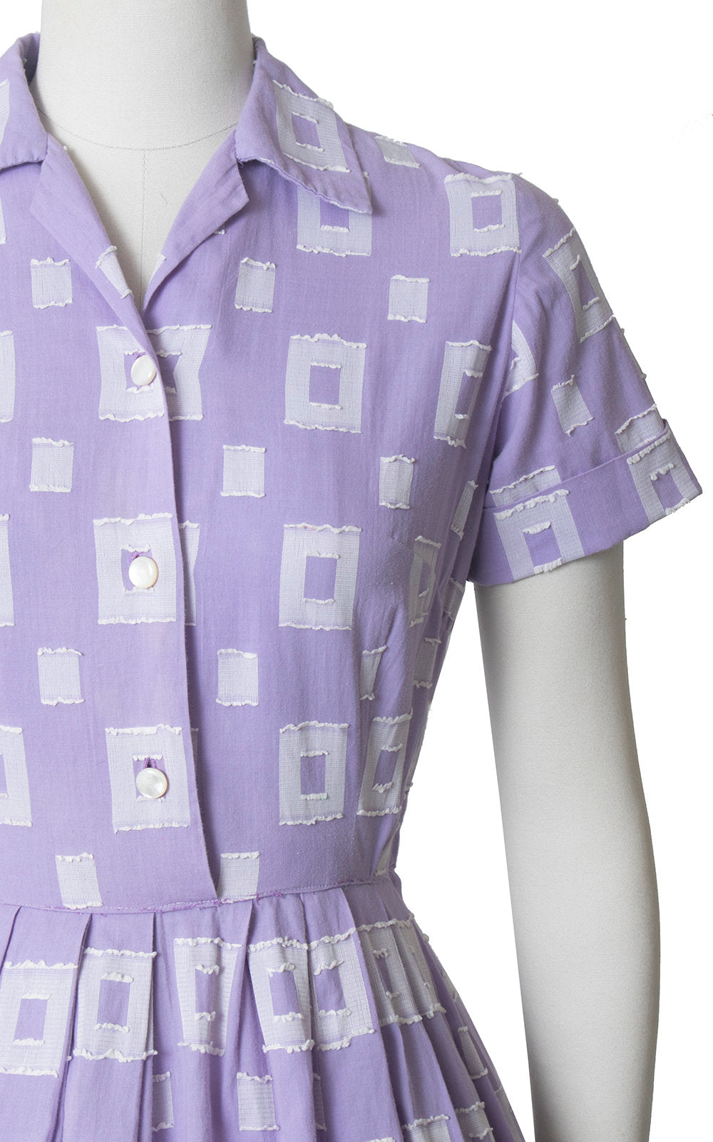 Vintage 1950s Dress | 50s Purple Cotton Square Printed Shirt Dress Full Skirt Shirtwaist Day Dress (medium)
