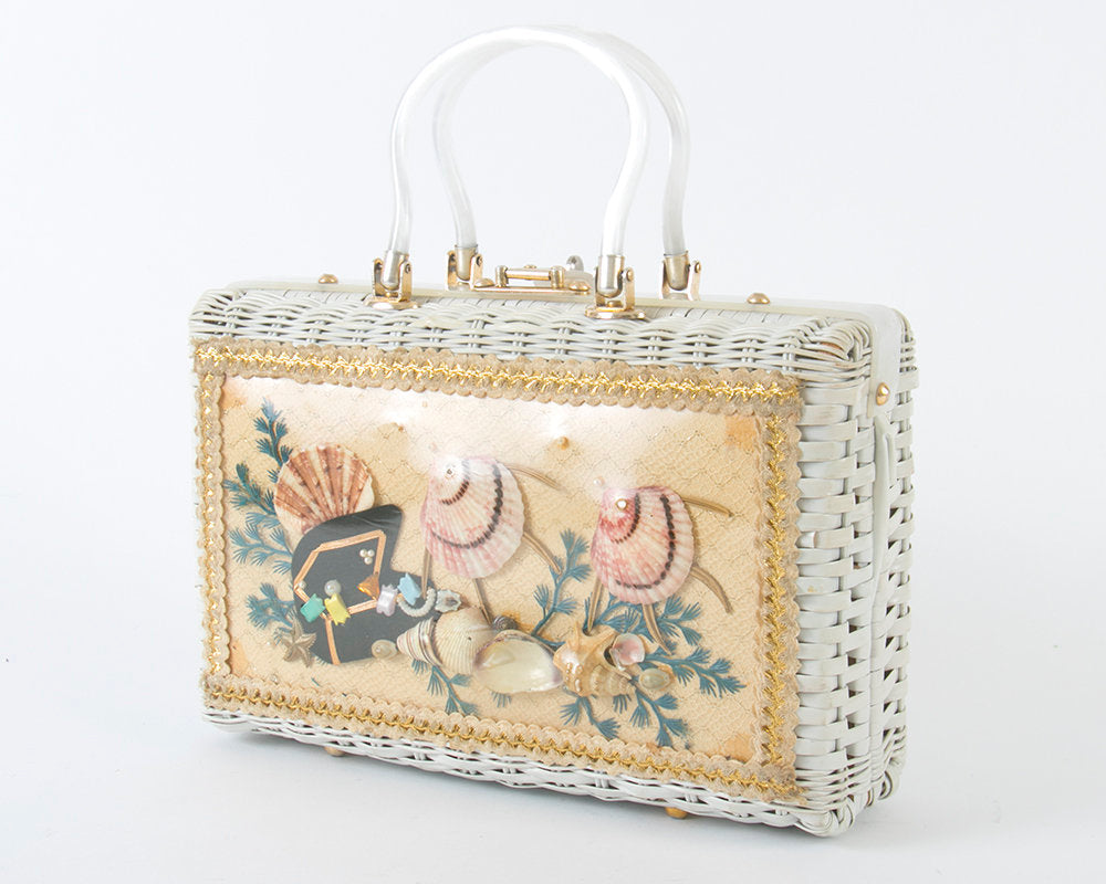 Vintage 1960s Box Purse | 60s ATLAS Novelty Wicker Fish Seashell Shell White Under The Sea Handbag