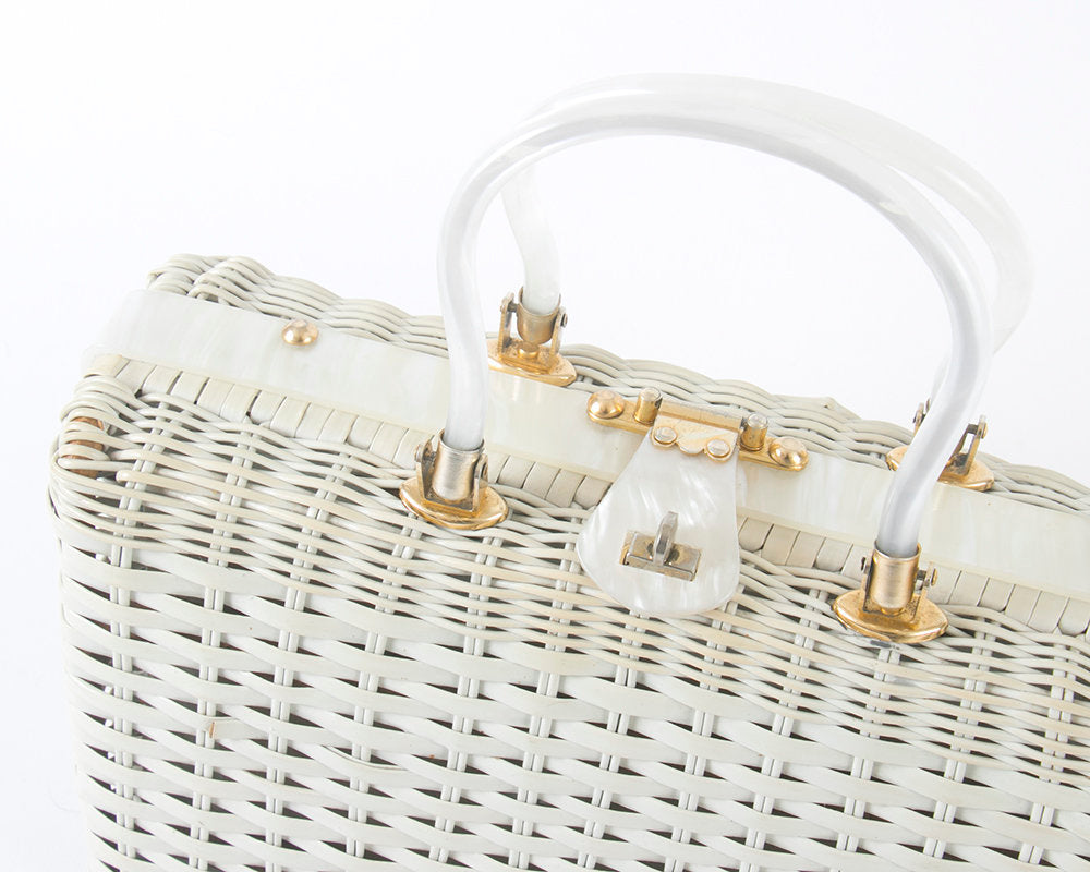 Vintage 1960s Box Purse | 60s ATLAS Novelty Wicker Fish Seashell Shell White Under The Sea Handbag