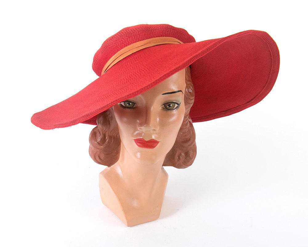 Vintage 1940s 1950s Sun Hat | 40s 50s NEW YORK CREATION Red Wide Brim Picture Hat