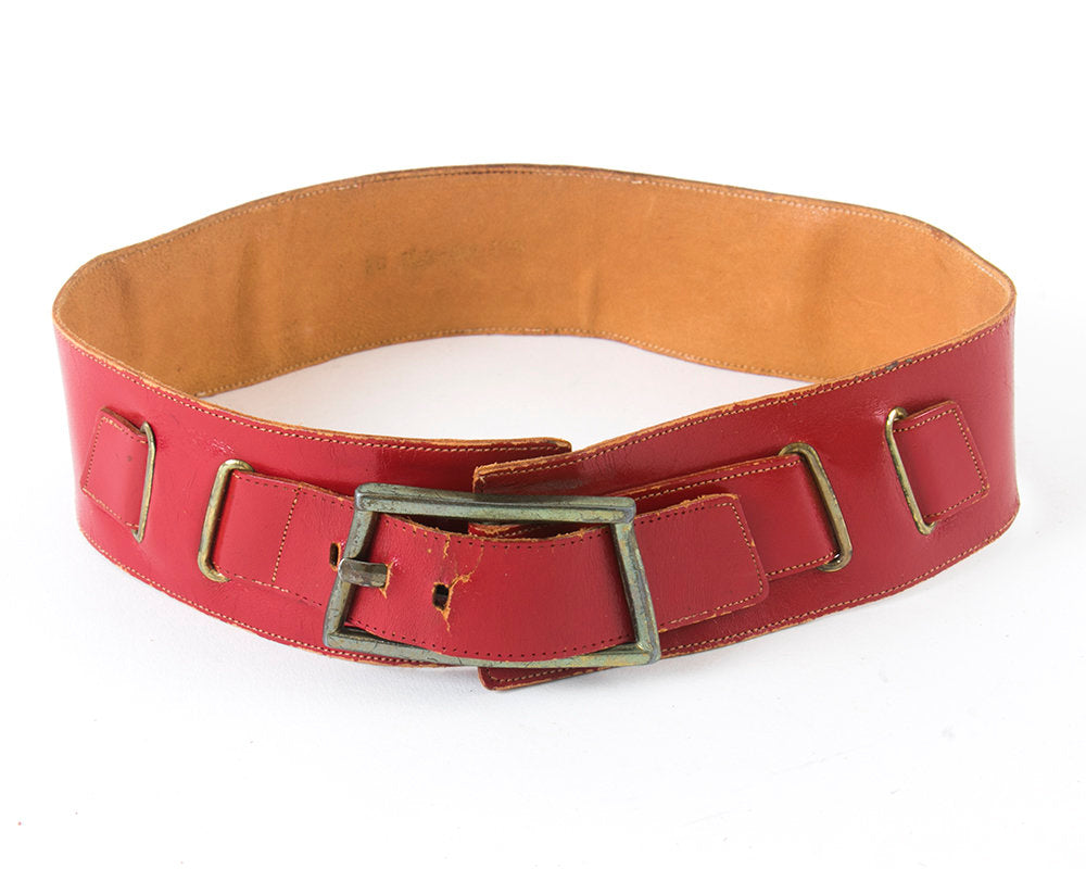 Vintage 1950s Cinch Belt | 50s Red Leather Buckled Wide High Waist Belt (small/medium)