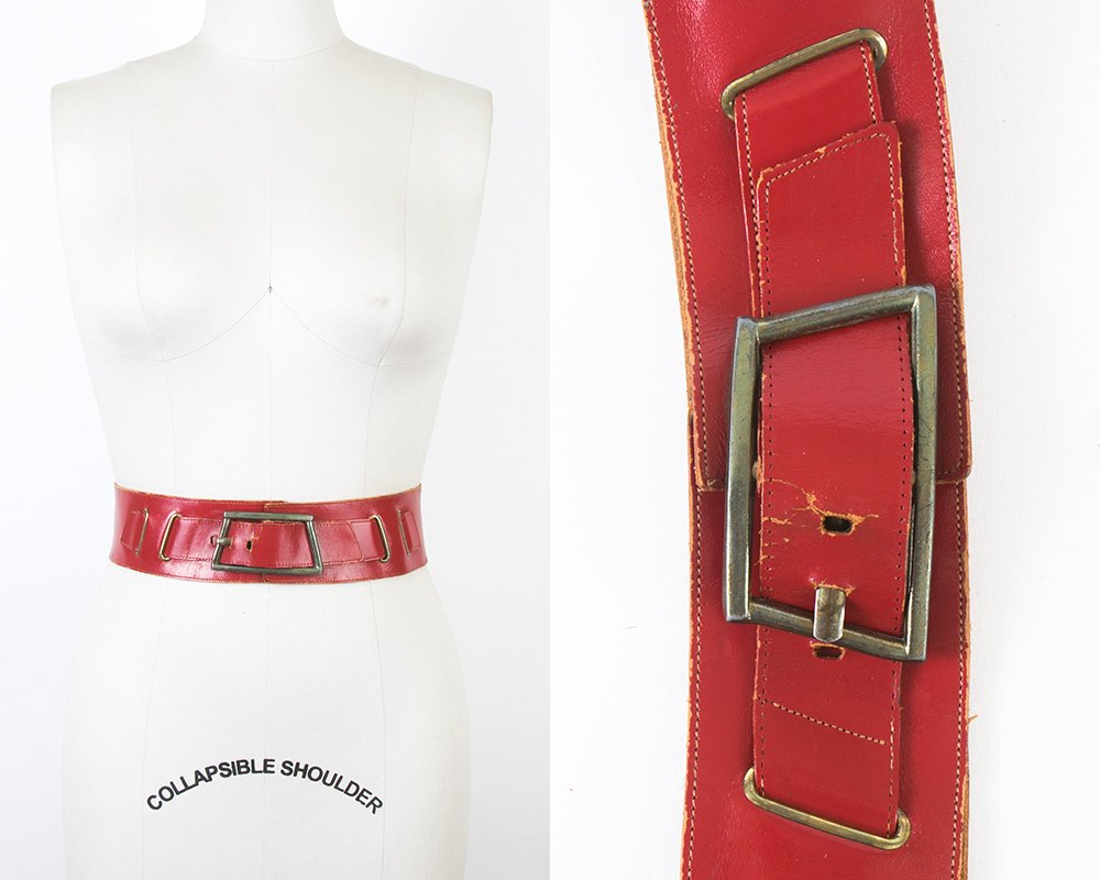 Vintage 1950s Cinch Belt | 50s Red Leather Buckled Wide High Waist Belt (small/medium)
