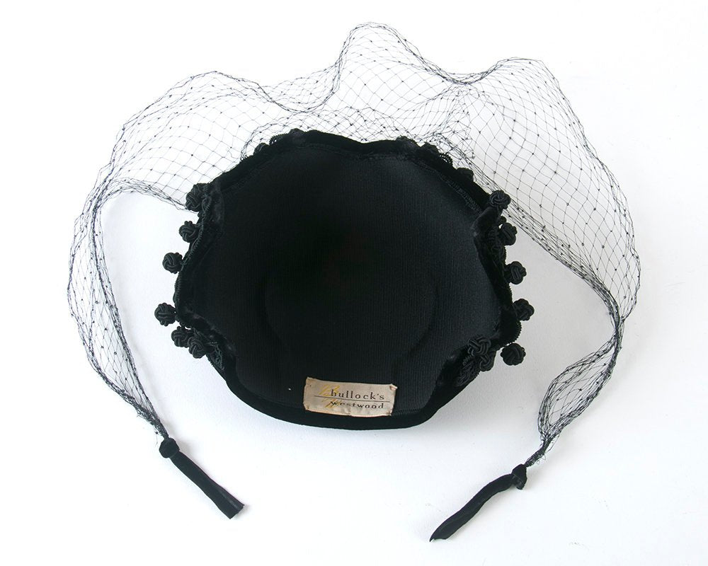 Vintage 1950s 1960s Hat | 50s 60s Black Velvet Dingle Balls Veiled Formal Cocktail Hat with Netting