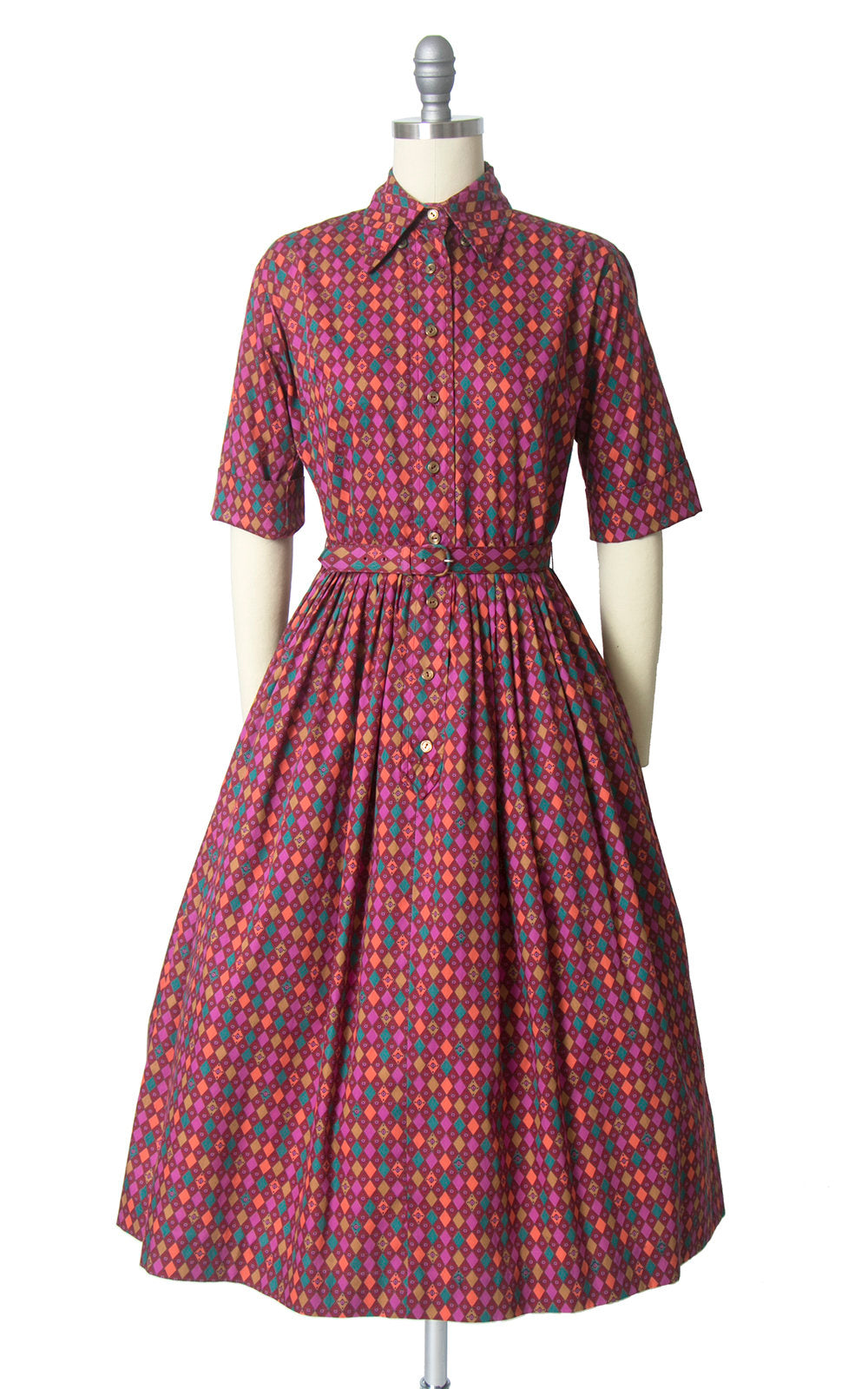 Vintage 1950s Dress | 50s Harlequin Printed Cotton Shirt Dress Full Skirt Shirtwaist Day Dress (small)