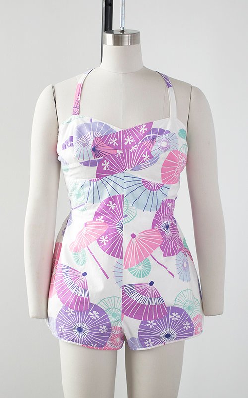 Vintage 1960s Romper | 60s Asian Parasol Novelty Print Cotton Playsuit Smocked Hawaiian Bathing Suit (small/medium)