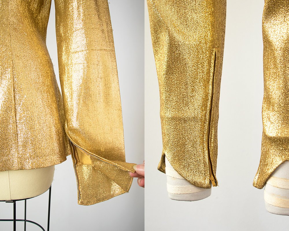 RARE Vintage 1950s Set | 50s Metallic Gold Lamé Blouse Cigarette Pants Mermaid Skirt Bombshell Outfit (small/medium)