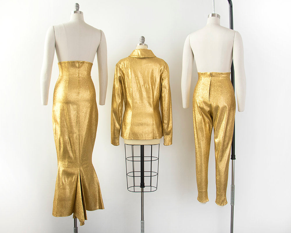 RARE Vintage 1950s Set | 50s Metallic Gold Lamé Blouse Cigarette Pants Mermaid Skirt Bombshell Outfit (small/medium)