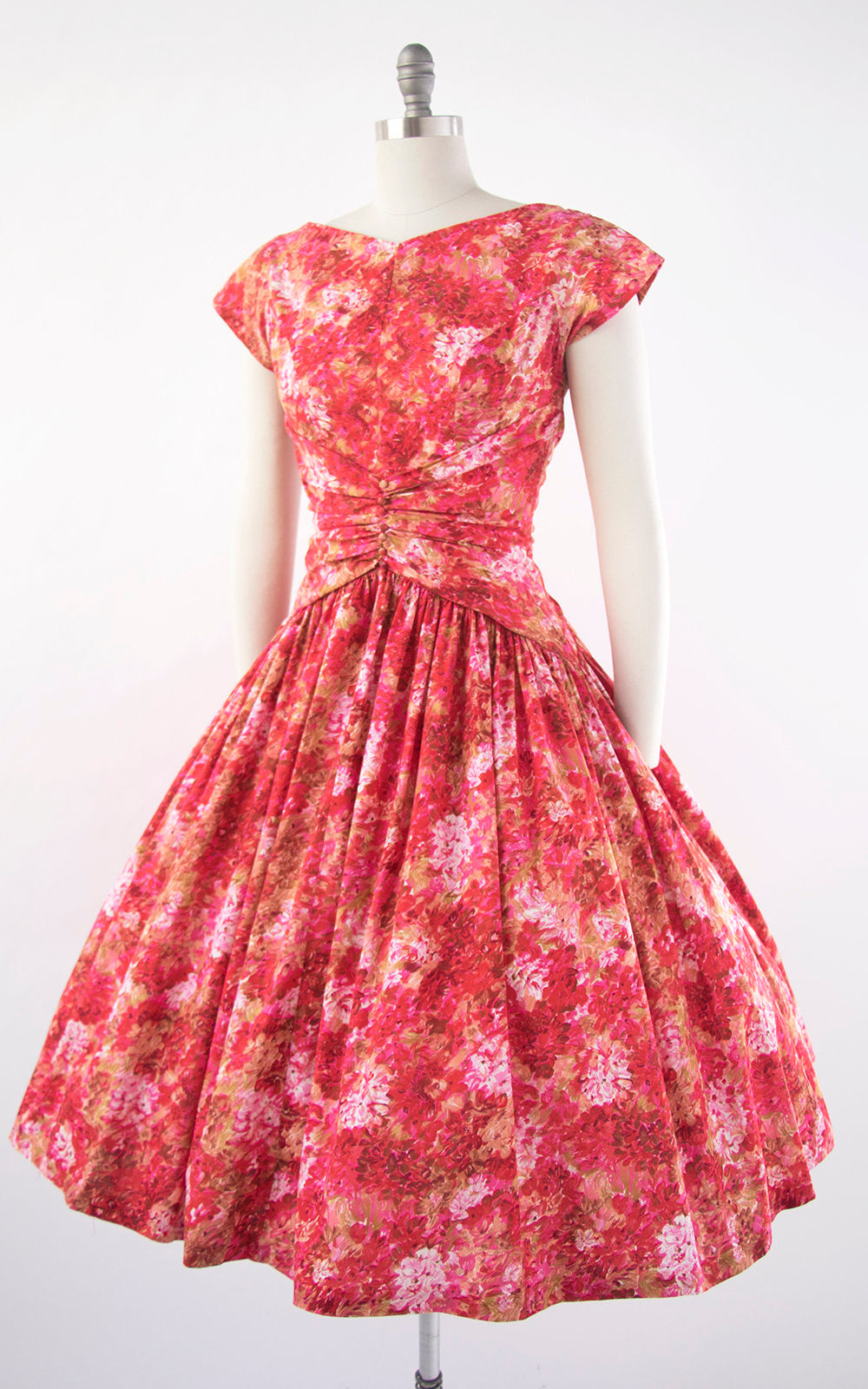 Vintage 1950s Dress | 50s Floral Cotton Pink Full Skirt Pleated Drop Waist Bow Party Dress (medium)