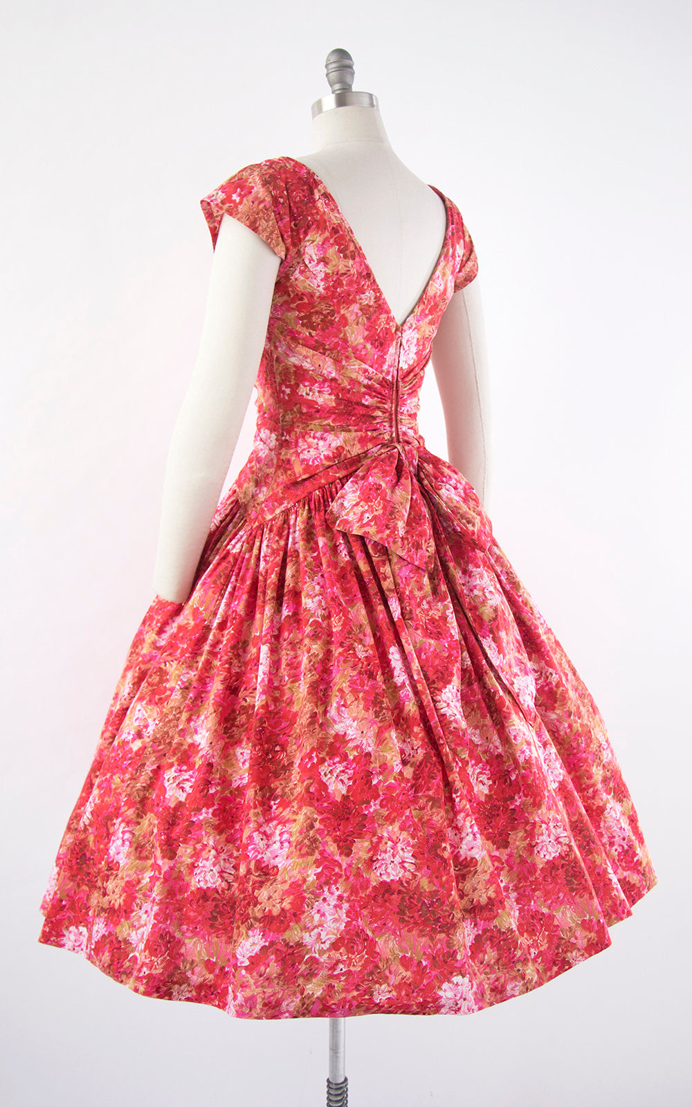 Vintage 1950s Dress | 50s Floral Cotton Pink Full Skirt Pleated Drop Waist Bow Party Dress (medium)