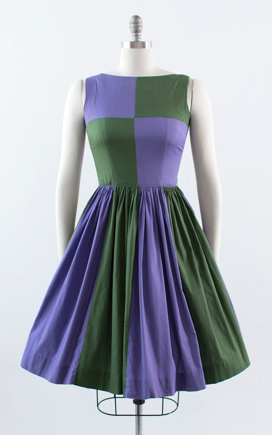 Vintage 1950s 1960s Dress | 50s 60s Color Block Cotton Purple Green Full Skirt Fit and Flare Day Dress (small)