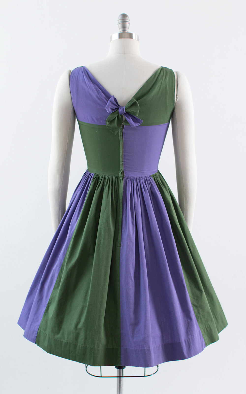 Vintage 1950s 1960s Dress | 50s 60s Color Block Cotton Purple Green Full Skirt Fit and Flare Day Dress (small)
