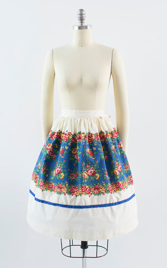 Vintage 1960s Skirt | 60s Rose Floral Border Print Cotton Cream Blue DEADSTOCK Full Swing Skirt (small)