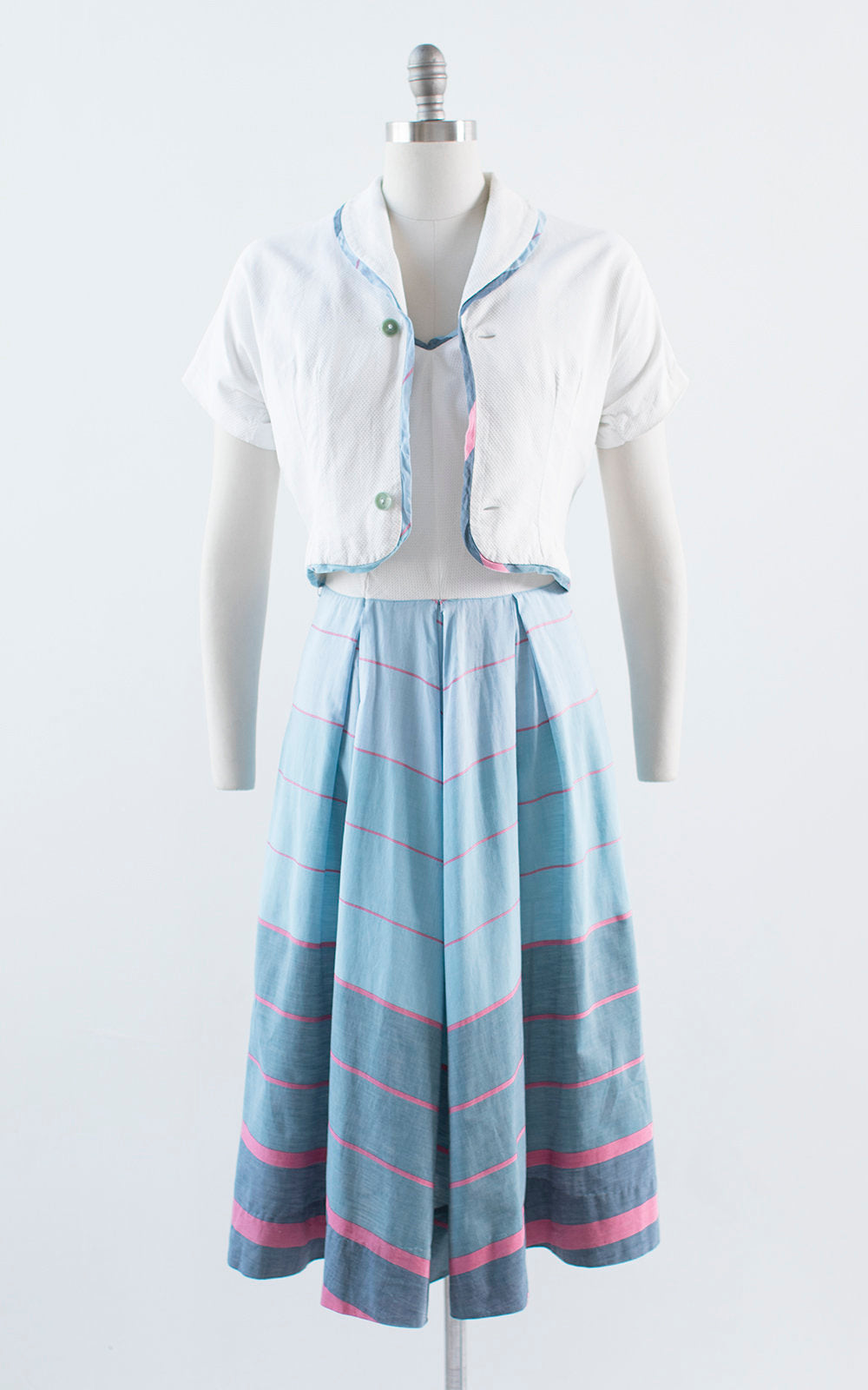 Vintage 1950s Dress Set | 50s Chevron Striped Cotton Sundress Bolero Blue White Day Dress (small/medium)