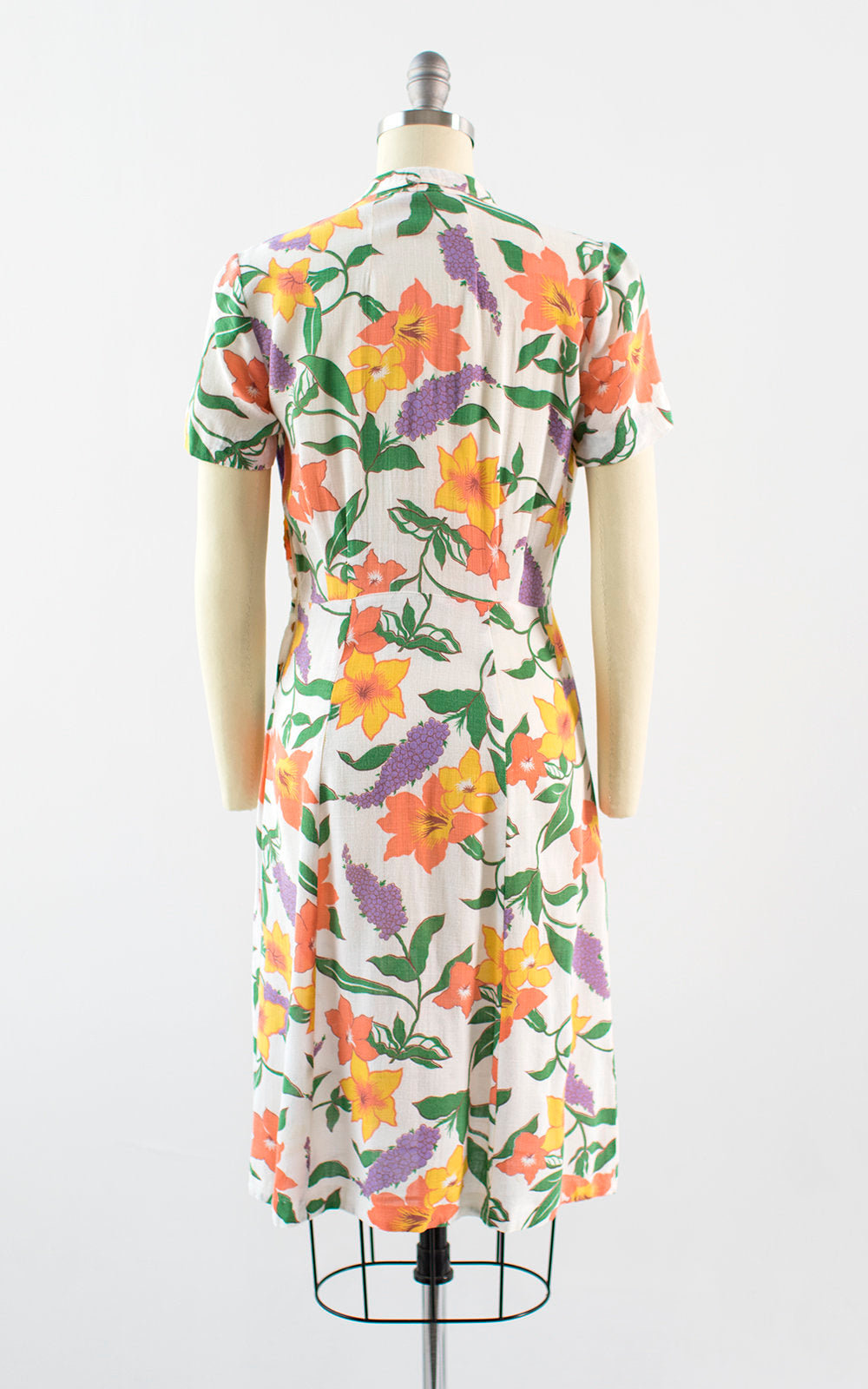 Vintage 1930s Dress | 30s Floral Print Cotton Linen Day Dress White Tea Dress (small/medium)