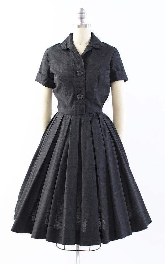 Vintage 1950s Dress | 50s HOLLY HOELSCHER Black Cotton Shirt Dress Circle Skirt Shirtwaist Day Dress with Pockets (x-small)