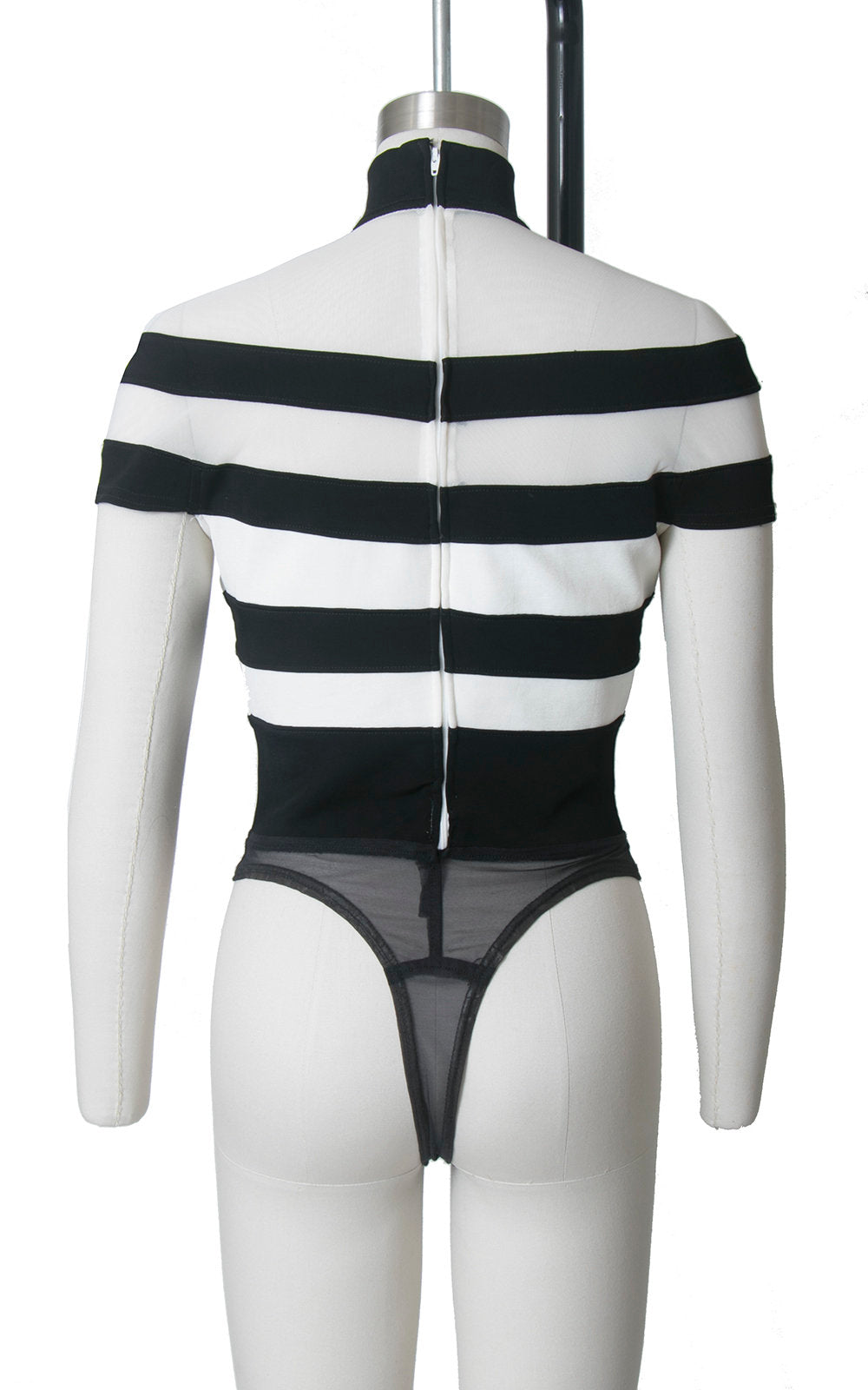 Vintage 1980s Bodysuit | 80s TADASHI Striped Black White Thong Body Suit Sheer Mesh Turtleneck Snap Crotch Onesie Top (medium)