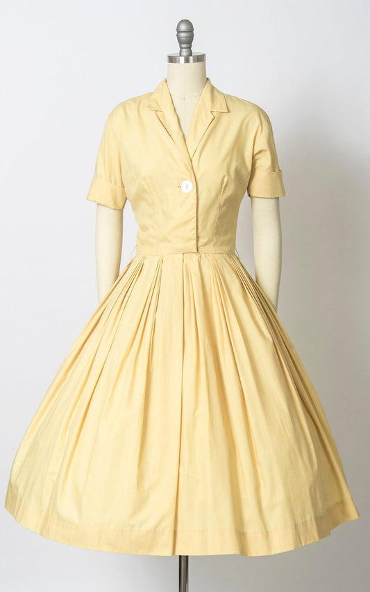 Vintage 1950s Dress | 50s Light Pastel Yellow Cotton Shirt Dress Full Skirt Shirtwaist Day Dress (small)