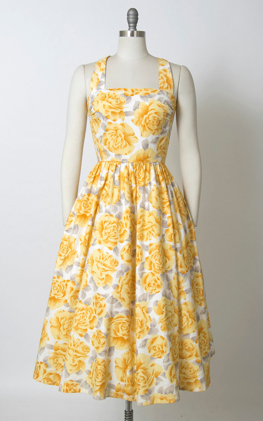 Vintage 1980s does 50s Sundress | 80s LANZ Rose Floral Print Cotton Yellow White Midi Day Dress with Pockets (small)