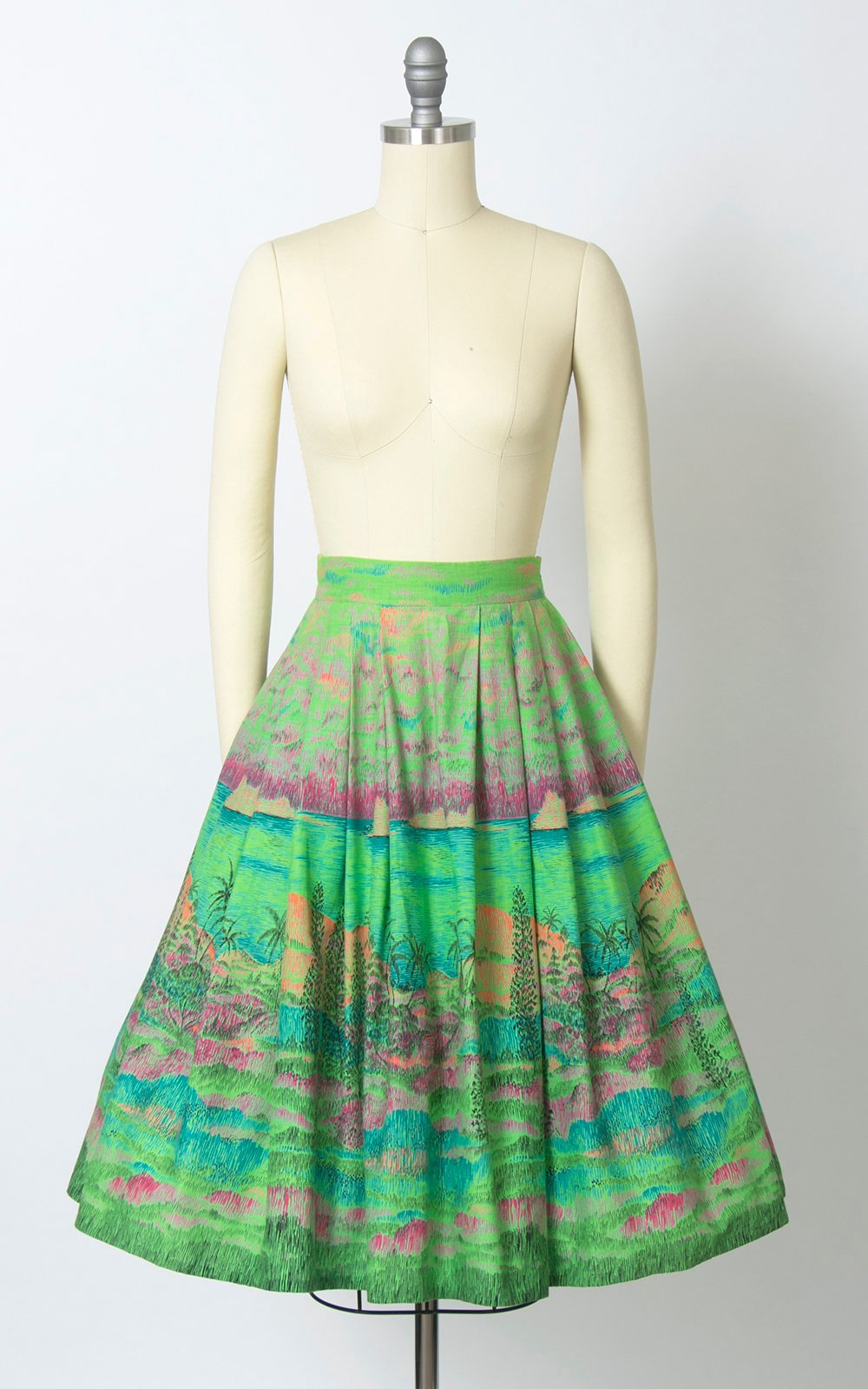 Vintage 1960s Skirt | 60s Novelty Print Cotton Tropical Hawaiian Lime Green Full Swing Skirt (small)