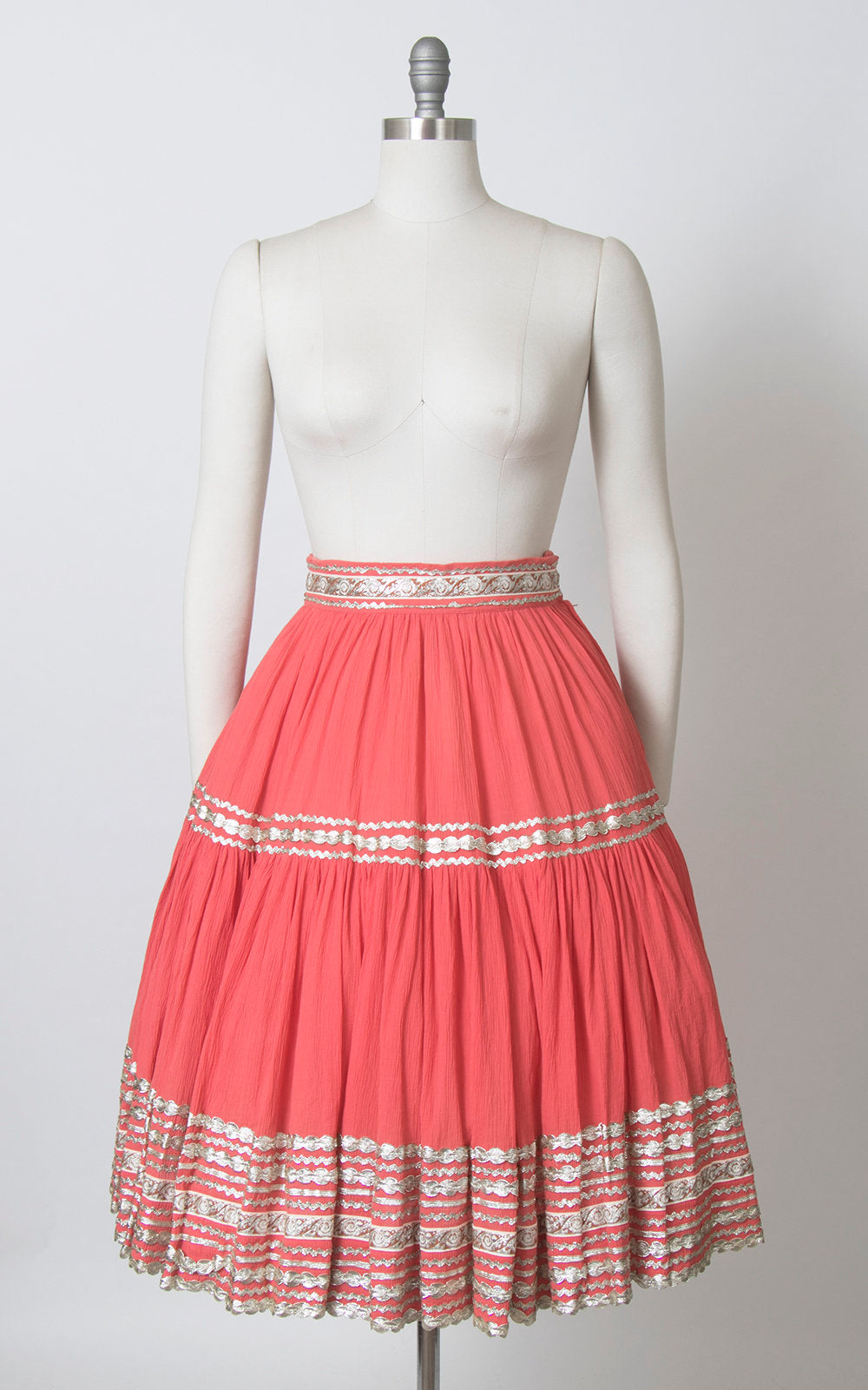 Vintage 1950s Circle Skirt | 50s Fiesta Patio Skirt Pink Silver Ric Rac Southwestern Square Dance Swing Skirt (medium)